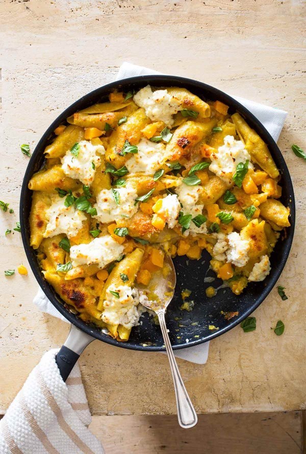 Unstuffed shells with butternut squash and leeks
