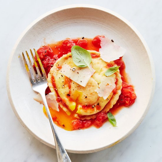 Uovo in raviolo with hand-grated tomato sauce