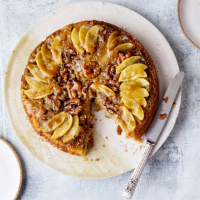 Upside-down apple, maple and walnut cake