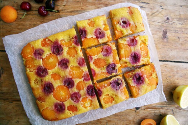 Upside-down apricot & cherry polenta traybake