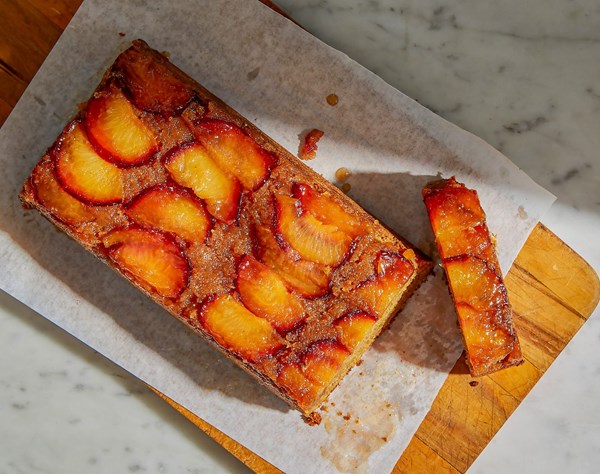 Upside-down cardamom-spiced plum cake
