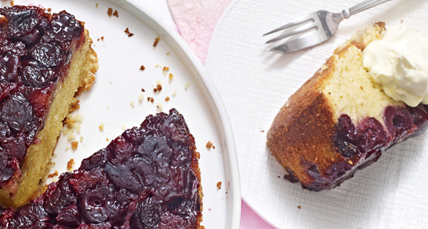 Upside-down cherry-rose cake with clotted cream