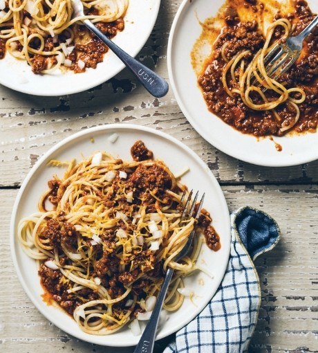 Upside down Cincinnati spaghetti chili