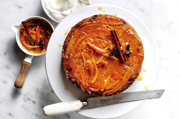 Upside-down date cake with marmalade