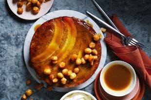 Upside-down golden syrup banana cake with candied macadamias and salted butterscotch sauce