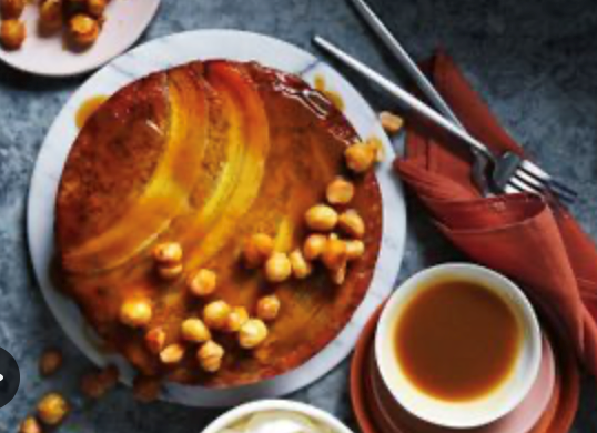 Upside-down golden syrup banana cake with candied macadamias and salted butterscotch sauce
