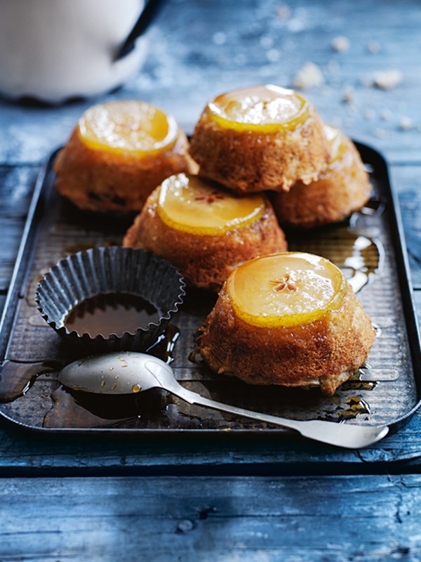 Upside-down maple and pear muffins