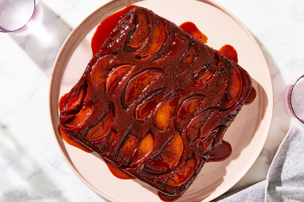 Upside-down peach mochi cake