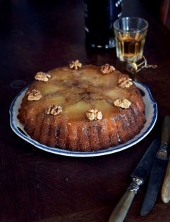 Upside-down pear & nut tart with Calvados syrup