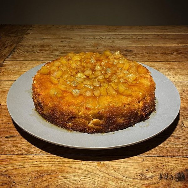 Upside-down pear & polenta cake