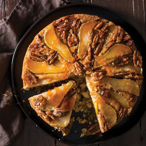 Upside-down pear and pecan cornmeal cake