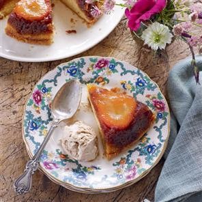 Upside-down pear cake with soft-scoop cinnamon ice cream