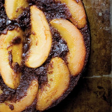 Upside-down pear chocolate cake