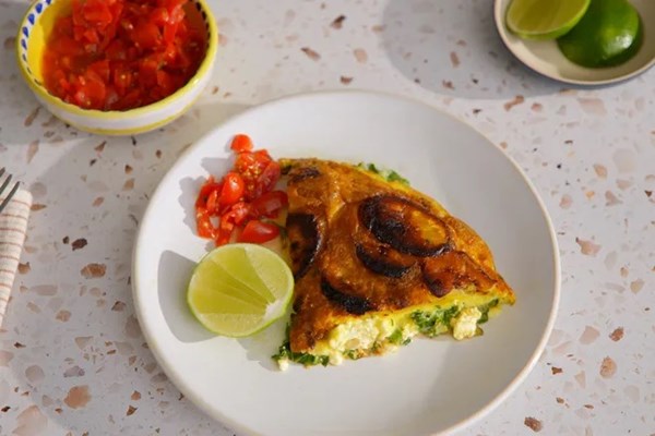 Upside-down plantain omelet with Scotch bonnet salsa 