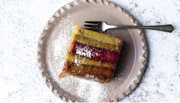 Upside-down rhubarb and ginger olive oil cake