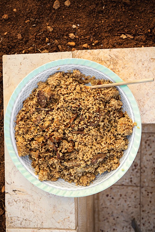 Upside-down rice with cauliflower, eggplant, and lamb (Maqloubeh)