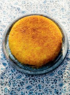 Upside-down saffron rice cake, two ways: the one with fried aubergine (Tahchin-e badenjan)