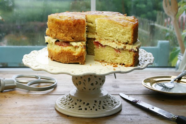 Upside down Victoria plum Victoria sponge with salted maple syrup buttercream