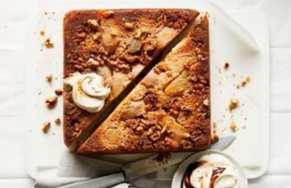Upside-down walnut pear cake