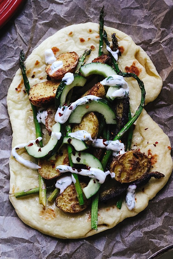 Use-what-you’ve-got roasted vegetable and naan wraps [herbed yogurt sauce]