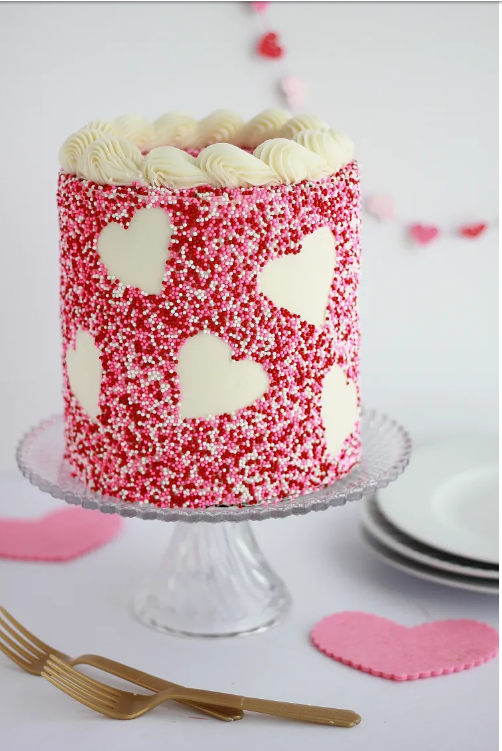 Valentine’s Day sprinkle heart cake