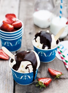Vanilla and chocolate bourbon fudge sundaes