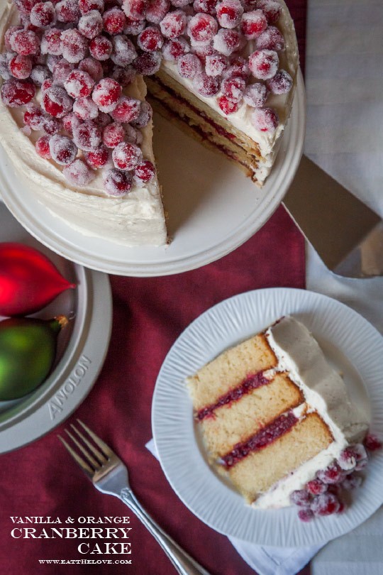Vanilla and orange scented triple layer cake with cranberry apple filling