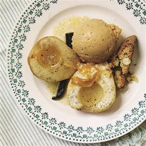 Vanilla-baked pears with hazelnut praline ice cream and biscotti