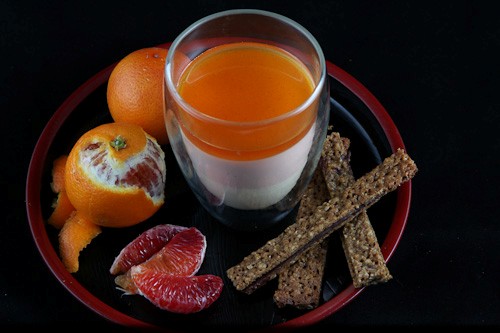Vanilla bean & blood orange panna cotta with allspice orange caramel sauce and orange cardamom hazelnut dark chocolate Florentines (gluten free)