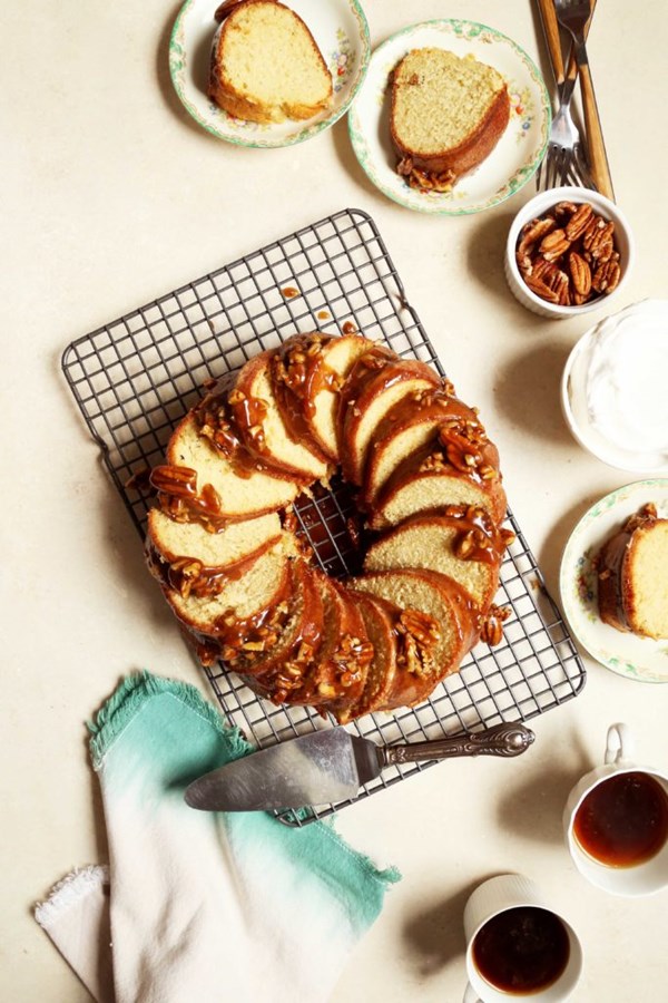 Vanilla bean bundt cake with pecan praline glaze
