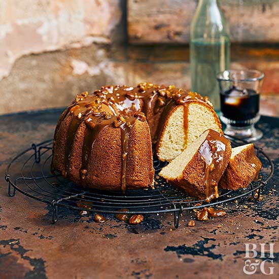 Vanilla bean cake with pecan praline glaze