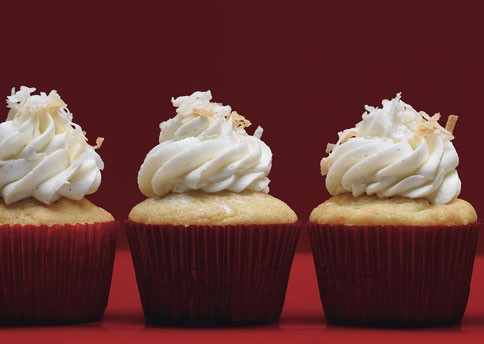 Vanilla bean-coconut cupcakes with coconut frosting