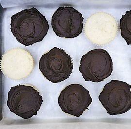 Vanilla bean-mayonnaise cupcakes with chocolate icing