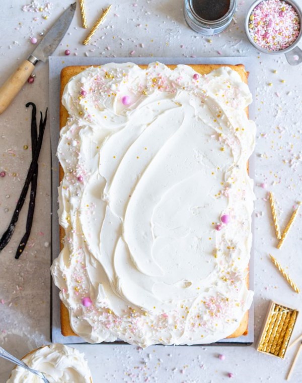 Vanilla bean sheet cake with vanilla bean Swiss meringue buttercream