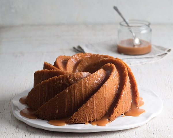 Vanilla bundt cake with bourbon-vanilla caramel sauce