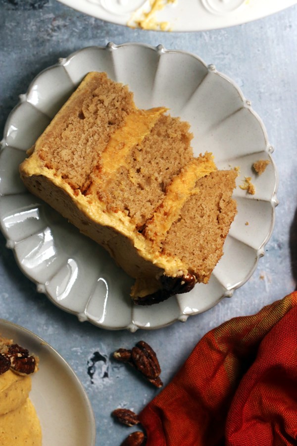 Vanilla chai cake with pumpkin-white chocolate ganache and pumpkin chai buttercream