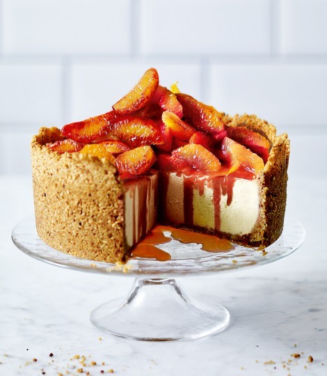 Vanilla cheesecake with blood oranges, caramel & hazelnut Hobnob crust