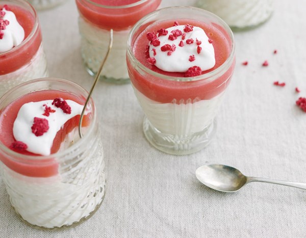 Vanilla coconut creams with rhubarb jelly