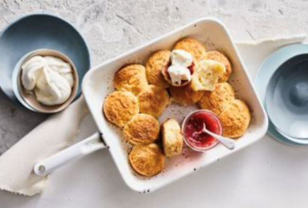 Vanilla cream scones with rhubarb-strawberry jam
