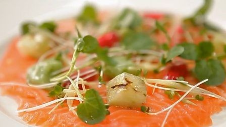 Vanilla-cured salmon with cucumber ketchup, charred cucumber and home-pickled ginger