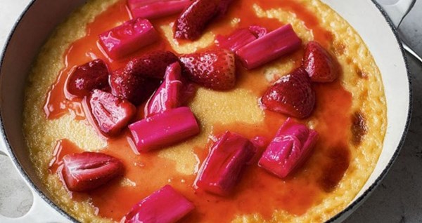 Vanilla custard with roasted strawberries and rhubarb