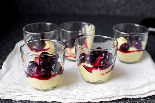 Vanilla custards with roasted blueberries
