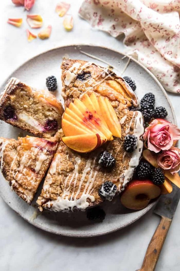 Vanilla glazed blackberry peach coffee cake
