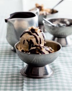 Vanilla ice cream with salted caramel chocolate sauce