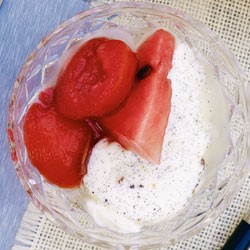 Vanilla junket with plum compote and watermelon