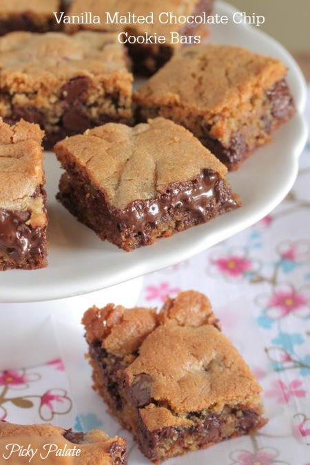 Vanilla malted chocolate chip cookie bars