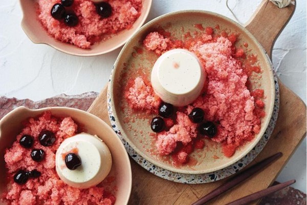 Vanilla panna cotta with strawberry granita