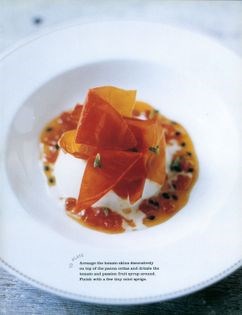Vanilla panna cotta with tomato and passion fruit syrup