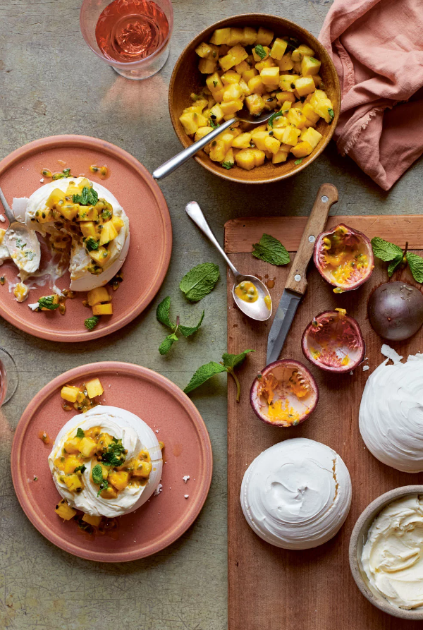 Vanilla Pavlova with passion fruit cream, pineapple & mint salsa
