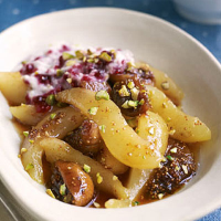 Vanilla-poached figs and pears with raspberry ricotta